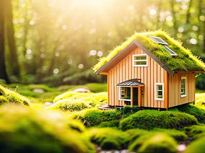 Small wooden model home in nature with a grass roof